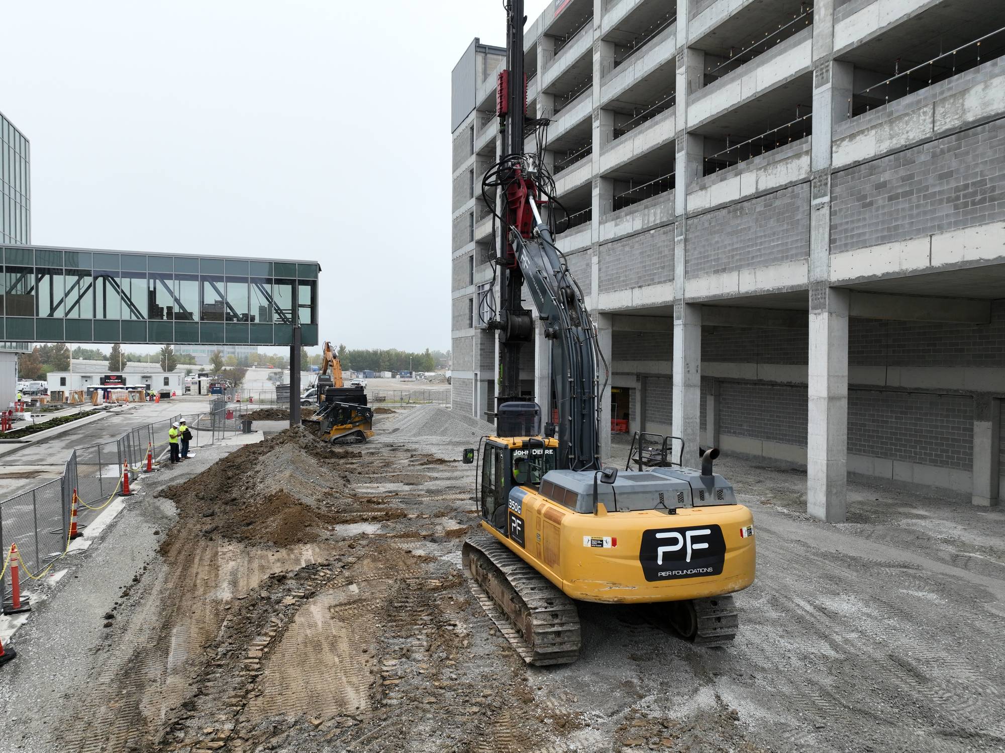 Aerial view of the Republic Hotel Addition ground-improvement site in Carmel, Indiana, with completed stone columns on the prepared pad.